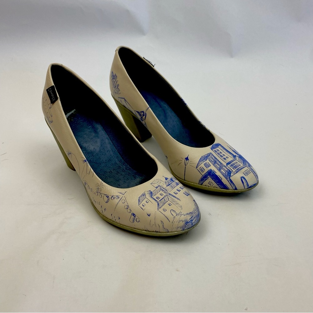 Camper Cream Heels with Blue Illustration